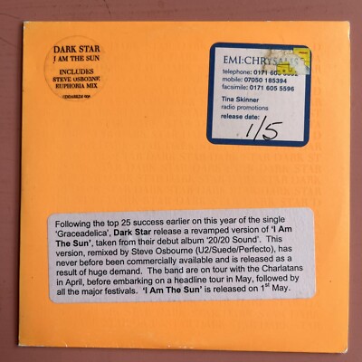 Dark Star. I Am The Sun. 2 Track Promo CD Single Card Sleeve HARVEST CDDARKDJ008