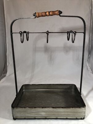 Rustic Style 6 Hooks Galvanized Metal Gray Counter Condiment Mug Cup Holder Tray
