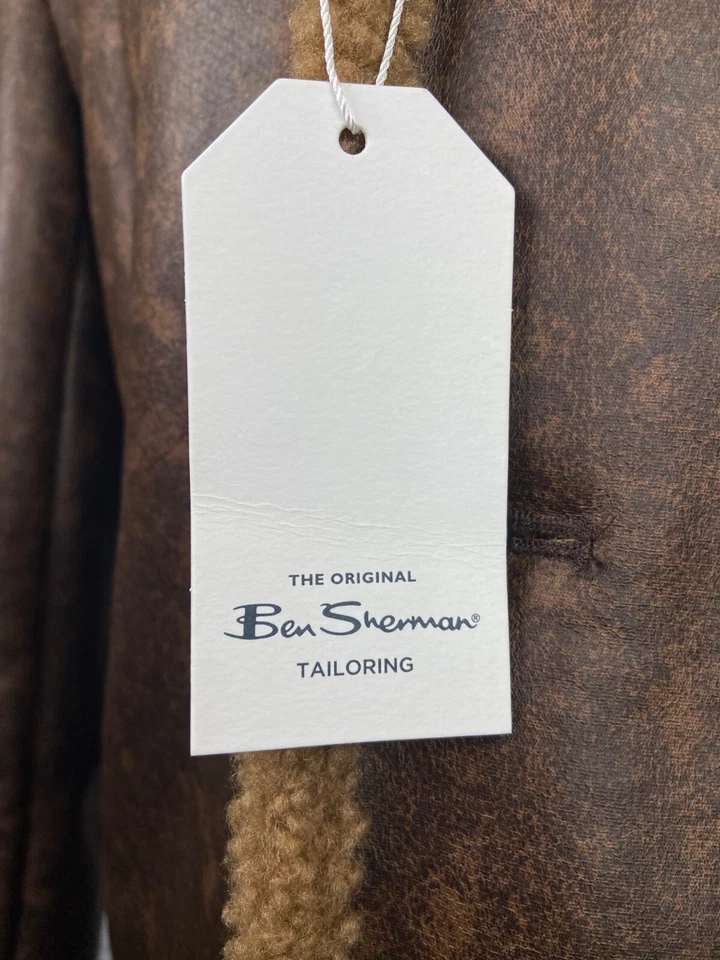 全新 BEN SHERMAN 男式棕色皮革 SHERPA 纽扣正面上衣外套 尺码 38R — 第 3/4 张图片
