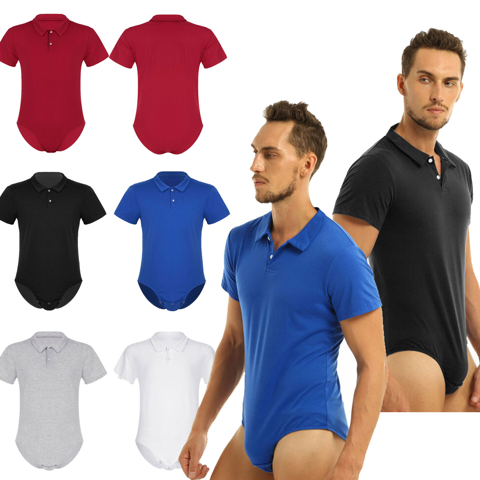 Mens Bodysuit Turn-down Collar Shirt Snap Button Down Crotch Tops Undershirt-image
