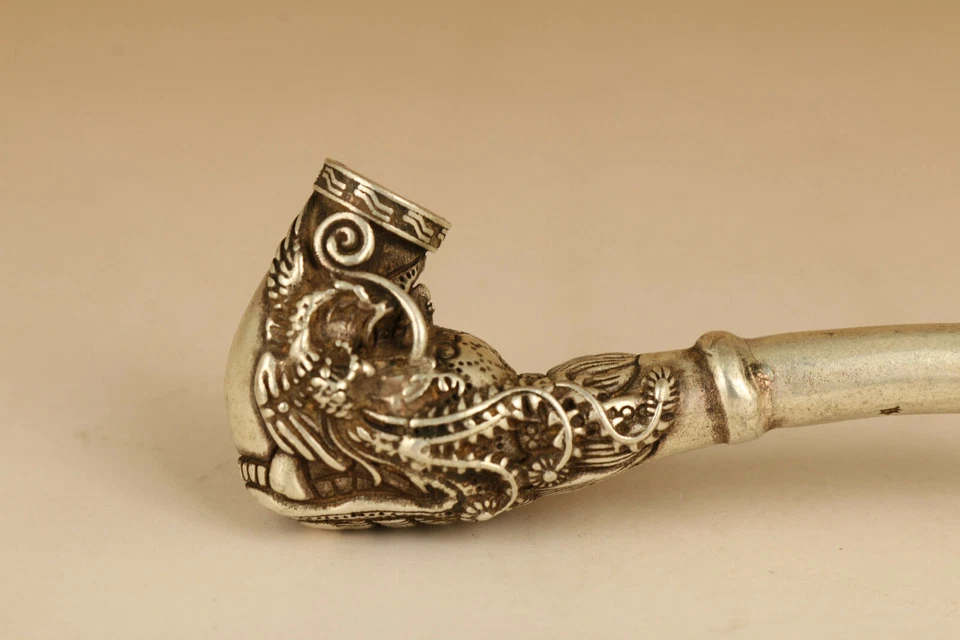 Raro Tíbet Plata Cobre Herramienta para Fumar Estatua Antigua Apertura Sagrada Cabeza de Dragón Pipa Foto 4 de 4