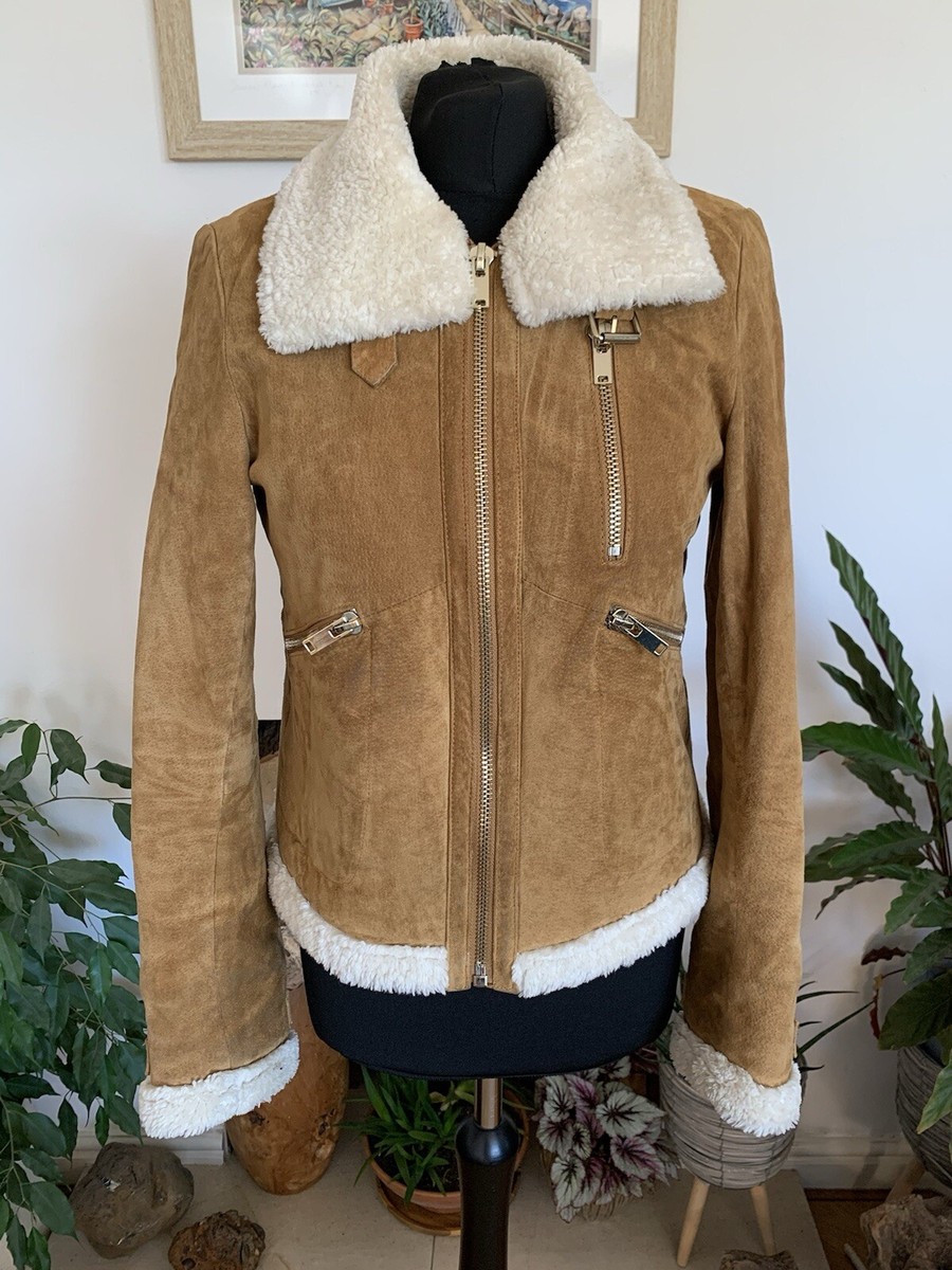 Zara Tan Brown Real Suede Jacket Leather Aviator Shearling Bomber Coat  Medium