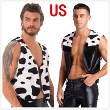 Men Western Cowboy Halloween Costume Cow Print Sleeveless Open Front Vest