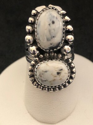 2 stone White Buffalo & Sterling Silver Ring TJM Avin Joe Navajo sz 6.25 R0186
