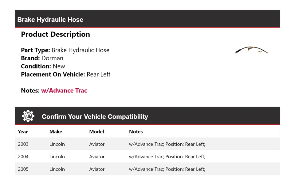 Задний левый гидравлический шланг тормоза Dorman для Lincoln Aviator 2003-2005 годов выпуска 2004 - Изображение 2 из 3