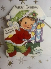 ✨VTG MCM UNUSED CHRISTMAS GRANDSON CARD JACK FROST ELF PIXIE FLOCKED GIBSON CARD