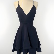 Windsor Navy Blue V-Neck Lace Detailing Ruffle Layered Short Mini Dress Size S