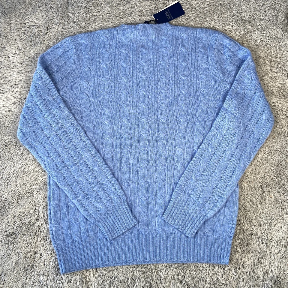$398 Polo Ralph Lauren The Iconic Cable Knit Cashmere Sweater SZ Large Men Blue - Image 2 of 4