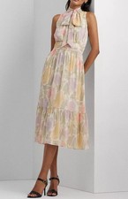 Lauren Ralph Lauren Floral Crinkle Tie-Neck Dress, Pastel Multi, 14, MSRP $185