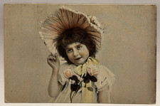 Brunette Girl, Large Hat Pink Roses, Vintage Postcard