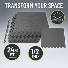 Interlocking EVA Foam Exercise Mat 1/2" 6 Tiles Gym Flooring 24 Sq Ft Home Gym
