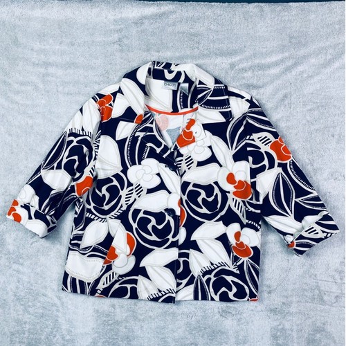 Chico's Floral Jacket Blazer Size 2 (12 - 14) Medium Lg Navy Blue Orange White