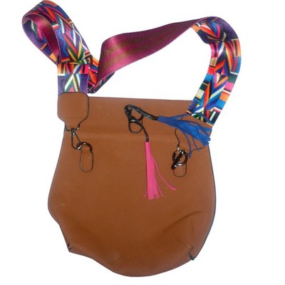 Threaded Pear Cognac Vegan Leather Crossbody Bag Guitar Strap Tribal Tassel