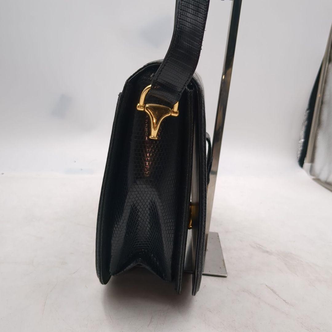 GUCCI Lizard Horsebit Shoulder Bag Snaplock Leather Black Gold Hardware Vintage thumbnail 3