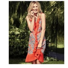 Tory Burch Janetta Ruffle pleated Midi Dress Silk Red Rust Orange floral  size 4