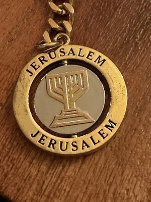 Vintage Jerusalem Spinner Keychain Menorah & Dove Gold Tone Holy Land Souvenir