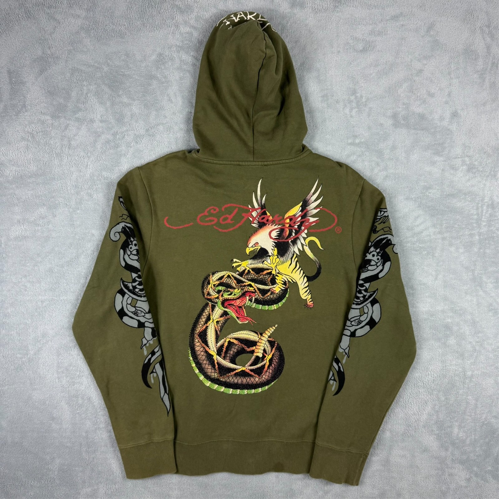 Vintage Ed Hardy 2000's Y2K Khaki Snake Griffin Studded Oversized Lrg Zip Hoodie image 10