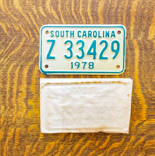 1978 South Carolina Motorcycle License Plate Auto Tag With Sleeve Z 33429