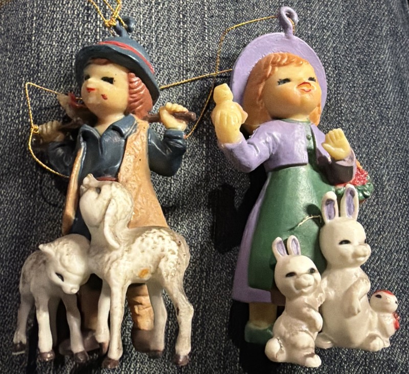 Vintage Plastic Christmas Ornaments Shepherd Boy Sheep & Girl Bird Bunnies L@@K!