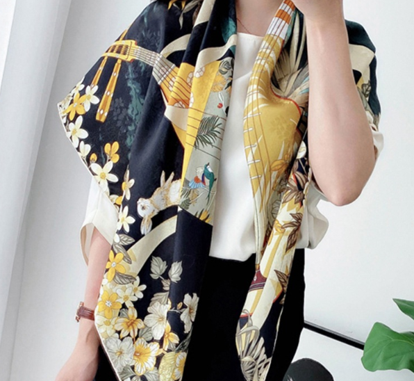 Floral Print 19 Momme Silk Scarf Hualuo Bandana Square Shawl 43'' Neckerchief