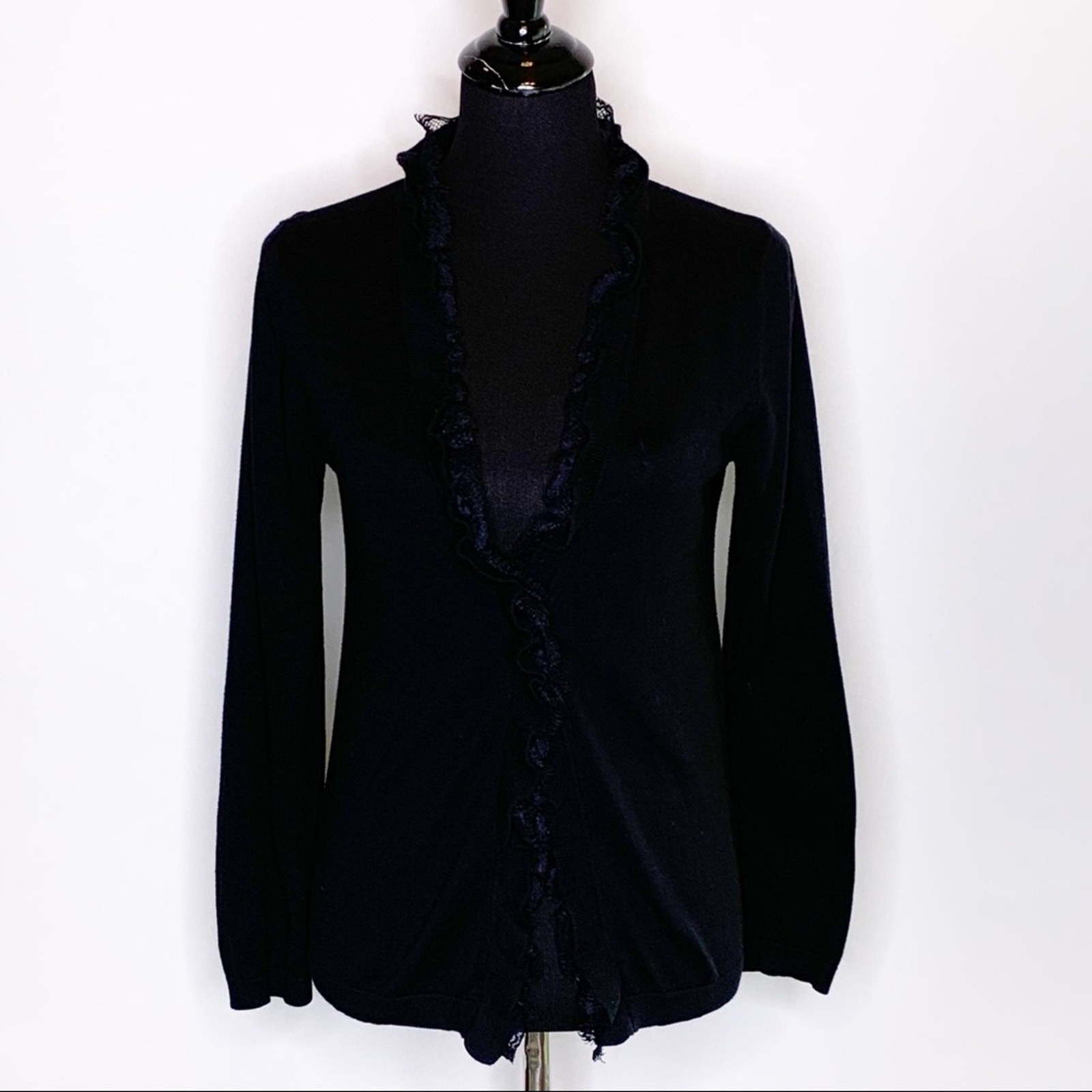 Garnet Hill black lace trim ruffle cardigan sweater size Extra Small XS
