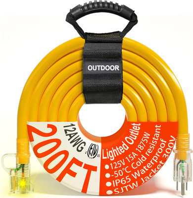 200 Ft 12/3 Gauge Outdoor Extension Cord Waterproof Heavy Duty with Lighted End,