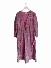 Dilli Grey Cotton Dress Fifi Long Sleeve RRP £159 Floral Midi Size S 8 10