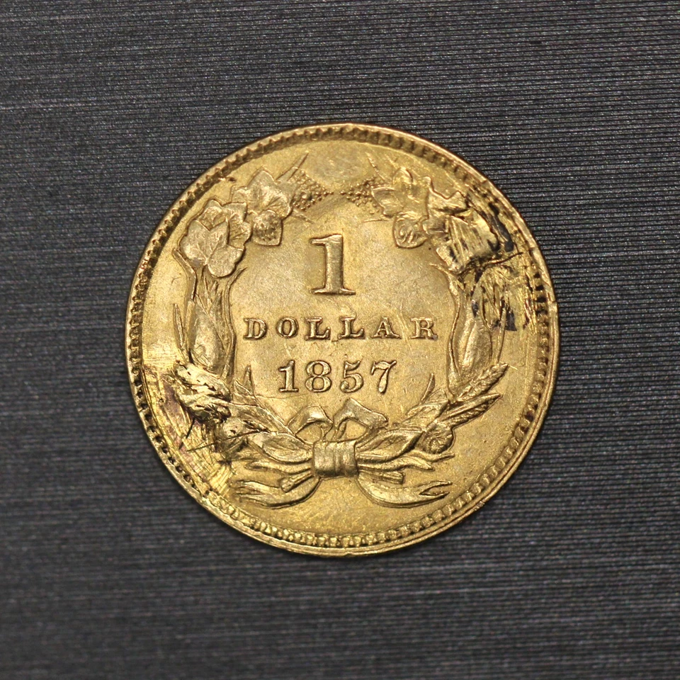 Moneda de oro de 1 dólar .900 de Estados Unidos con cabeza de princesa india tipo 3 1857 Foto 2 de 4