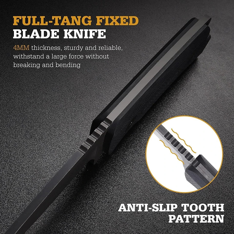 FLISSA Fixed Blade Hunting Knife 8.5" Full Tang D2 Blade, G10 Handle Alloy Steel