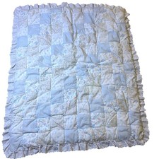 Vintage Baby Quilt Patchwork Floral Blue White Eyelet Trim Toddler Blanket