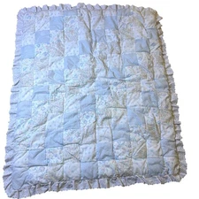 Vintage Baby Quilt Patchwork Floral Blue White Eyelet Trim Toddler Blanket