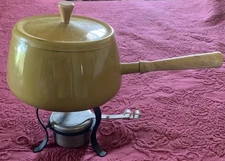 Vintage Yellow Fondue Pot Set 1960’s includes Metal Stand, Burner and Temp Cover