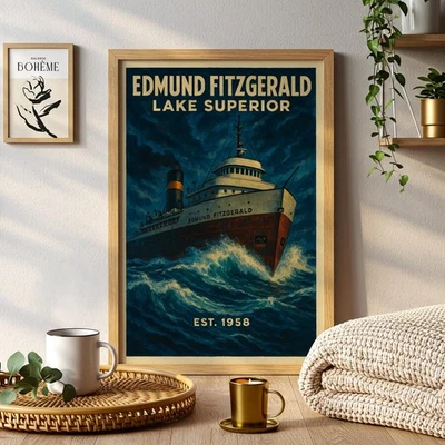 Edmund Fitzgerald Poster – Lake Superior Great Lakes Ship Painting Wall Art