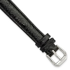 12mm 6.75" Black Ostrich-Style Grain Leather Silver-tone Buckle Watch Band
