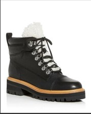 NIB Marc Fisher LTD Idella Black Leather Shearling Hiker Boots 9