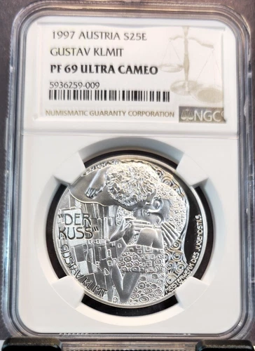 1996 AUSTRIA SILVER 20 EURO GUSTAV KLMIT THE KISS NGC PF 69 ULTRA CAMEO SCARCE