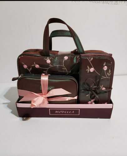 MODELLA Floral Embroidered Cosmetic Makeup Travel bag 3Pcs set Vintage