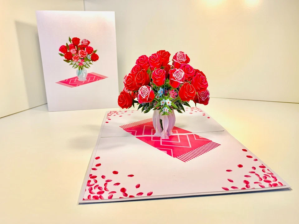 Red & Pink Roses in Vase Birthday 3D Pop Up Greeting Card Origami Pop Cards Love - Image 4 of 4