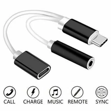 USB Type C To 3.5mm Aux Audio Charging Adapter Splitter Headphone Jack Black
