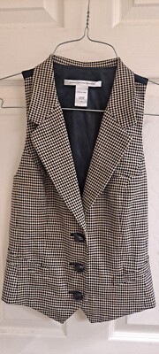 DVF Diane vonFurstenberg Vest Sz 4 plaid Designer Black Cream Exquisite Urban