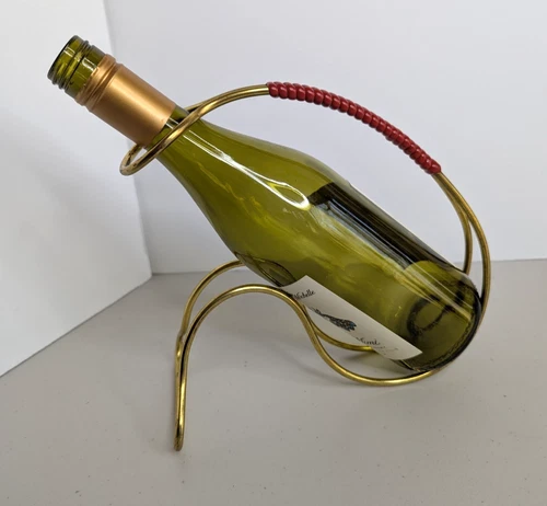 Vintage Mid-Century Metal & Rattan Cane Handle Wine Bottle Cradle Holder Server