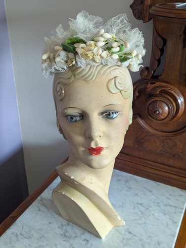 Antique Vintage Wedding Headpiece Crown/Tiara Wax Orange Blossoms & Buds Tulle