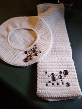 WOMENS HANDMADE CROCHET SLOUCHY BEANIE HAT w/ stones 12" hat 36" Scarf