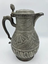 Antique Pewter Lidded Pitcher Large and Highly Decorated Beehive and Shell  11"