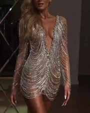 2022 Set Shiny Rhinestone V-neck Women's Dress Chain Sleeve Performance Dress