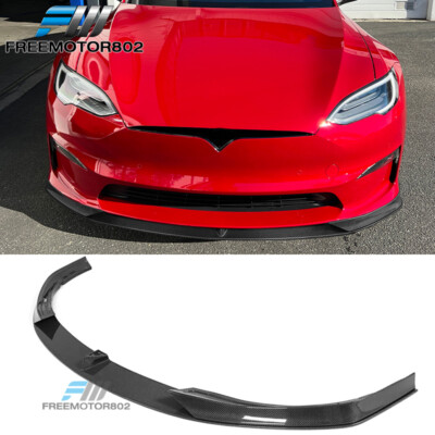 Fits 21-24 Tesla Model S Sedan V Style Gloss Black Carbon Fiber Front Bumper Lip