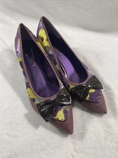Poetic Licence London Shoes Pumps Heels Purple Fabric Leather Bow EU 39.5 US 8.5