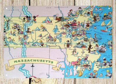 Art garag Pictorial map of MASSACHUSETTS state by Ruth Taylor 1935 metal sign