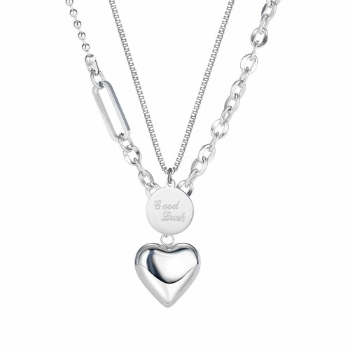 Stainless Steel Good Luck Multilayer Heart Pendant Chain Necklace For