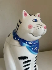 Coco Dowley Cat Cookie Jar 12" White Black Tabby Blue Scarf Vintage
